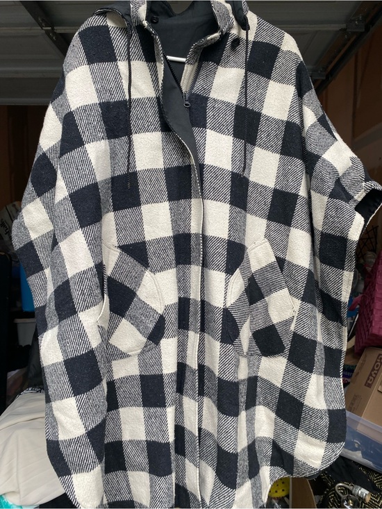 Jackets & Blazers - Black & White Buffalo Plaid Hooded Poncho 90s reversible vintage